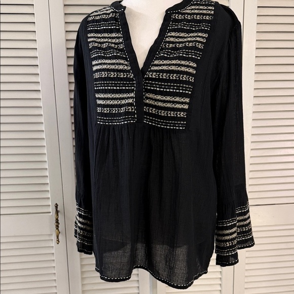 Velvet Zaley Peasant Top Black Embroidered Bell Sleeve Flowy Semisheer Cotton - Picture 2 of 12